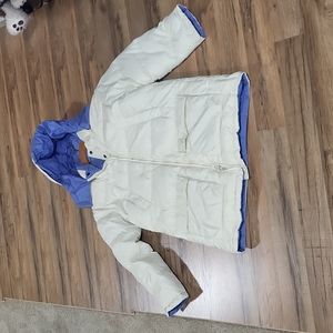 LANDS' END Ivory Blue Reversible Nylon & Down Puffer Coat with Detachable Hood